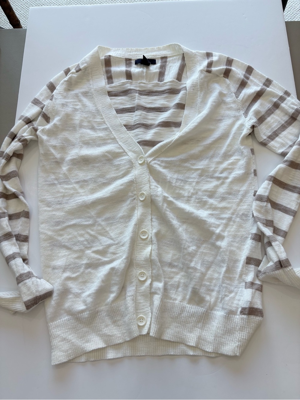 GAP White Cardigan with Light Taupe Striped Sleeves F60